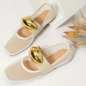 New Fishnet Mesh Ballet Flats Gold Metallic Buckle NWT White Slip On Square Toe